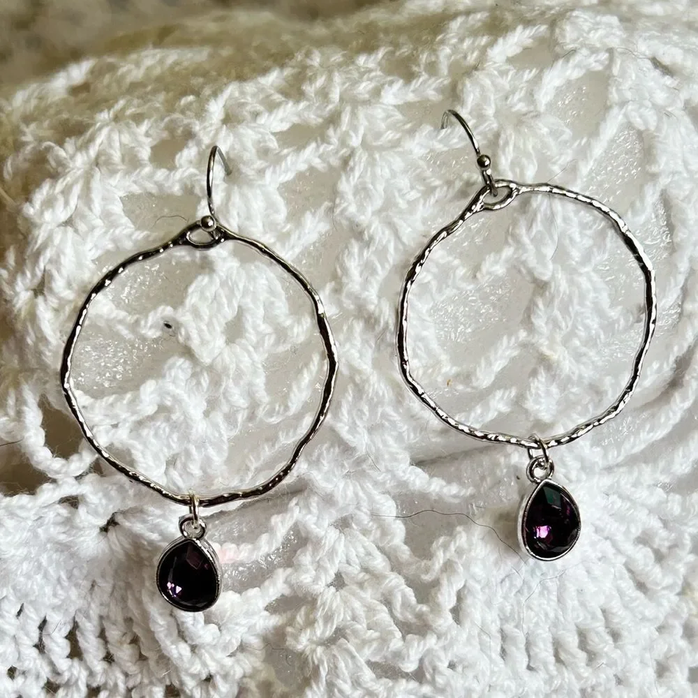 Purple -Textured Silver Hoop Drop Earrings Dark Purple Charm Formal Casual Chic